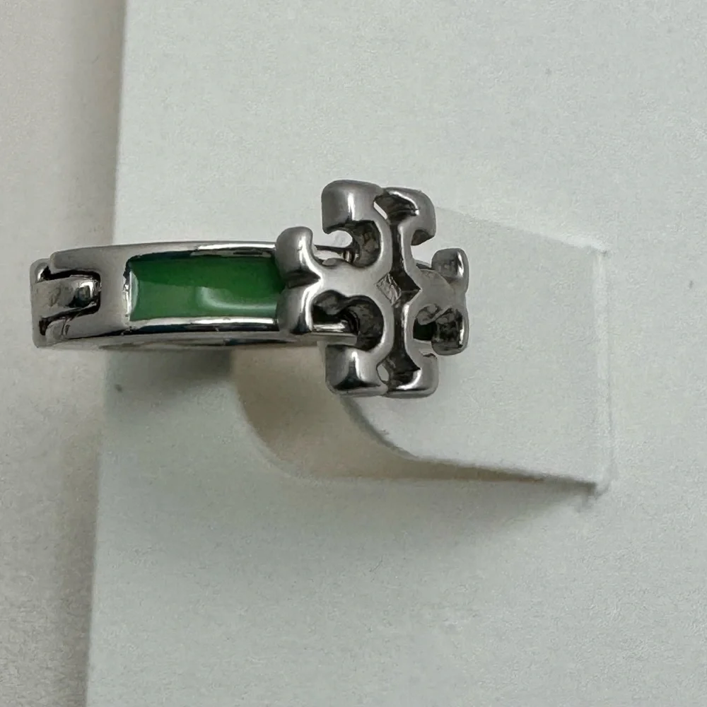 Tory Burch Kira Silver & Green Enamel Small Huggie NEW